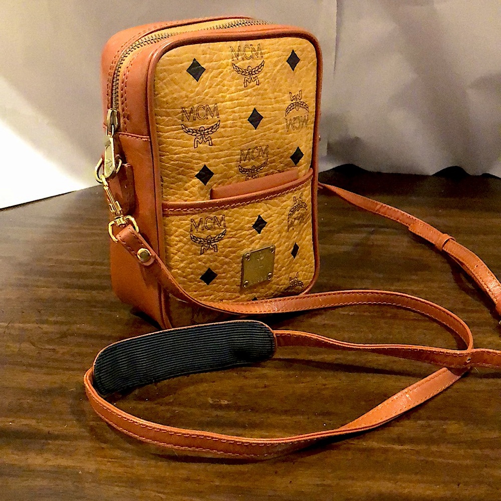 MCM Cognac Vicetos Top Zip Crossbody Bag Interior/ Exterior Slip Pocket Mirror